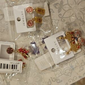 3 Chinese new year oriental gold color novelty asian earrings